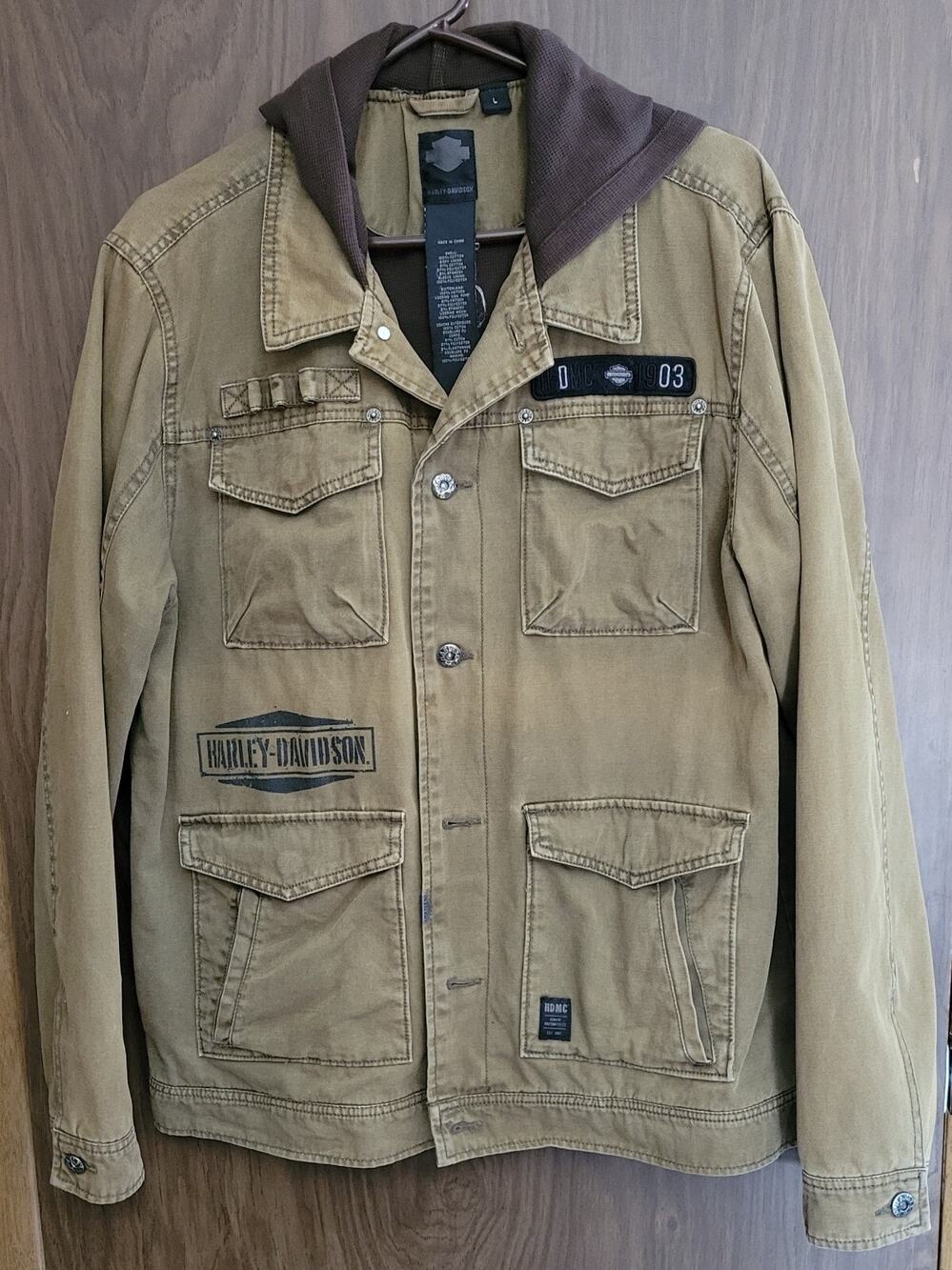 Rare Harley Davidson Men's Canvas Jacket L Knit Hoodie Slim Fit Military Style